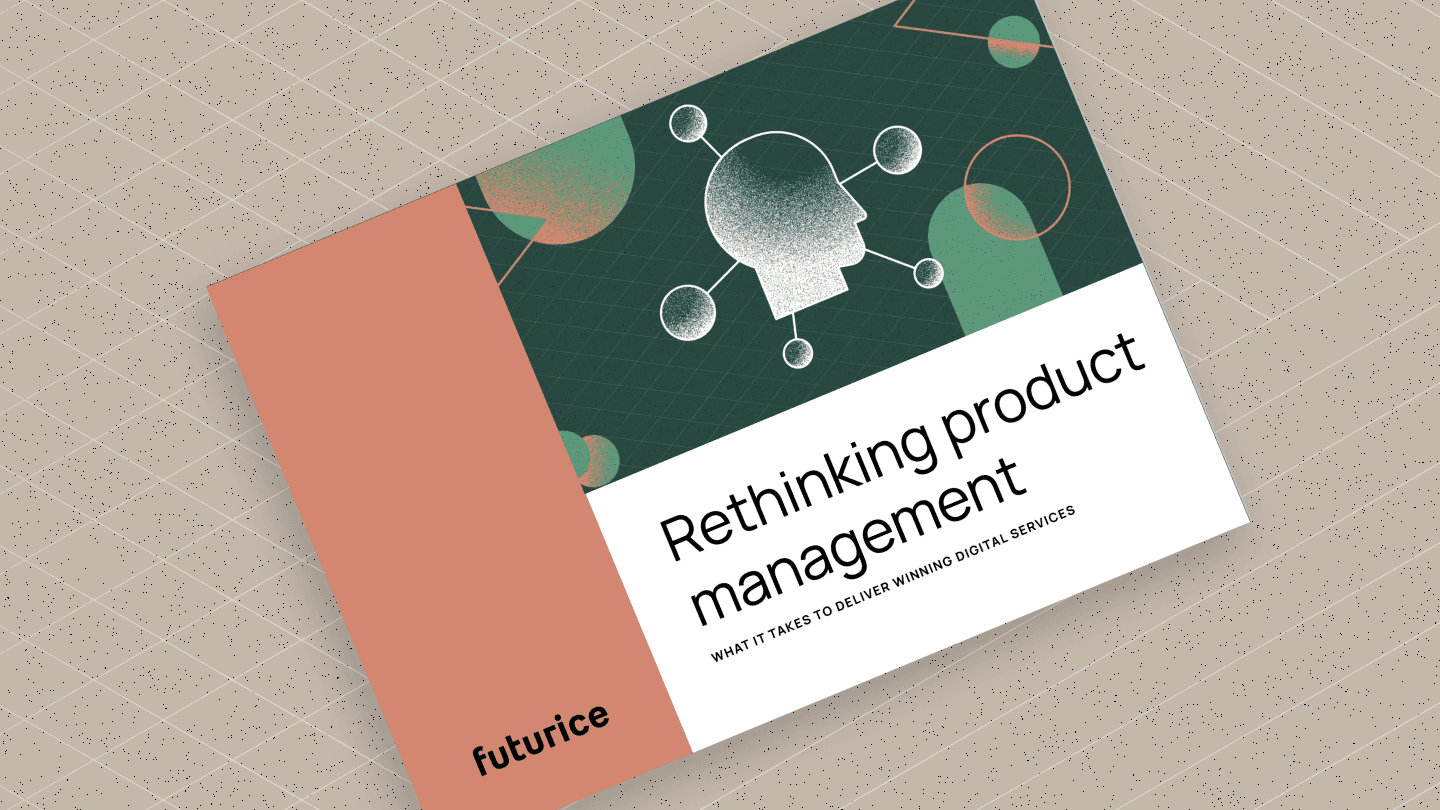 Stylised brochure cover with human head icon connected to nodes, titled "Rethinking product management" by Futurice.