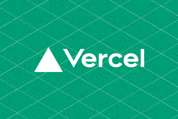 Vercel logo with white triangle and text on a green geometric patterned background with small speckles.