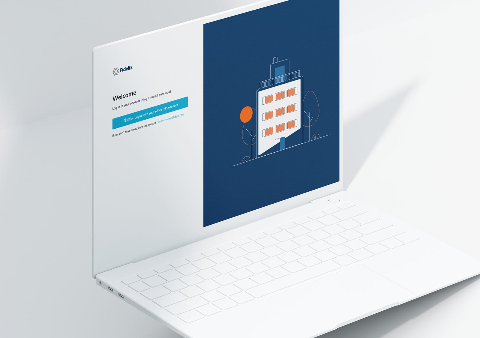 White laptop displaying Fidelix login screen with welcome message and building illustration on blue background.