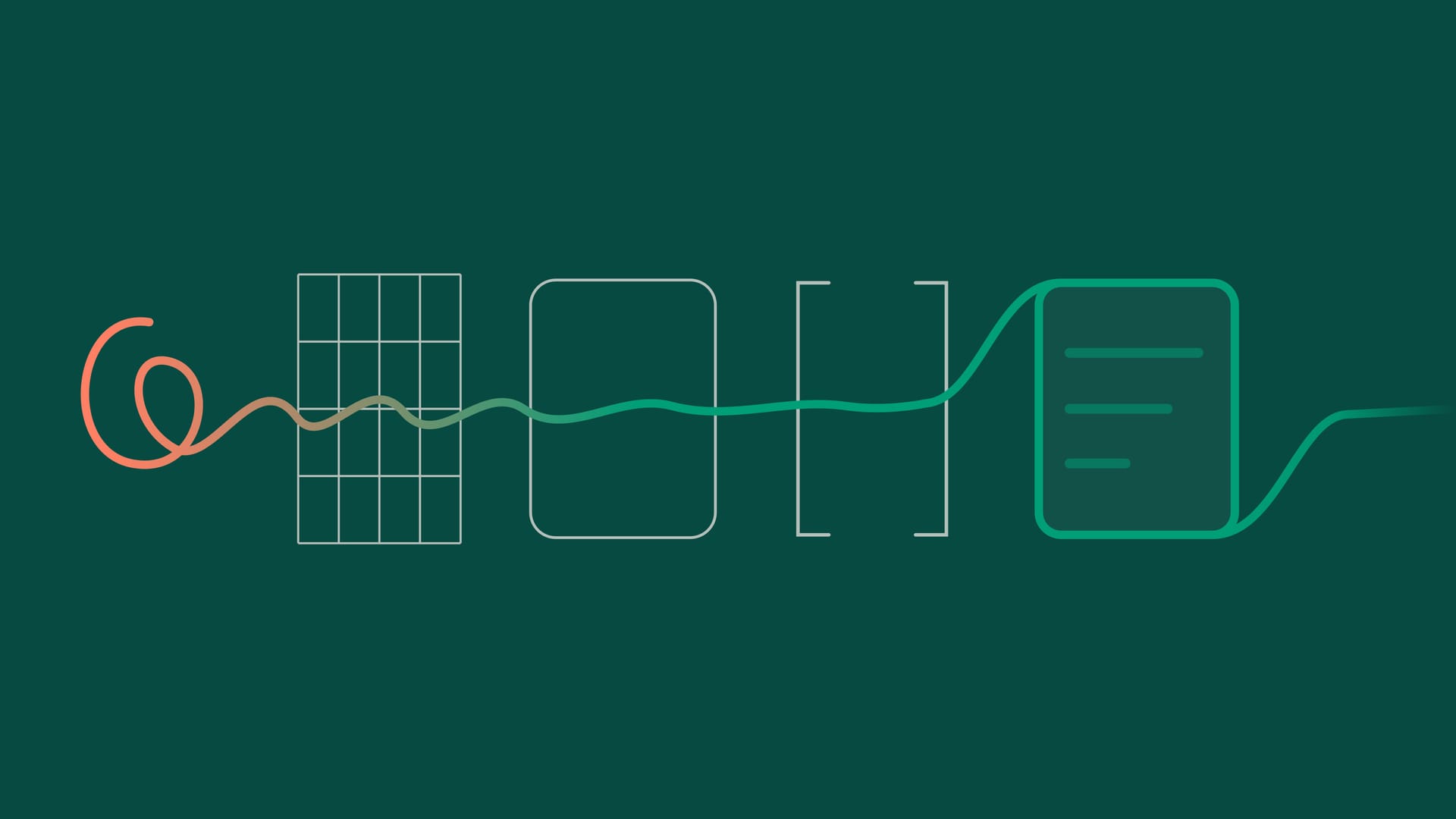 A flowing line connects abstract icons including a spiral, grid, rectangle, brackets, and document on a dark green background.