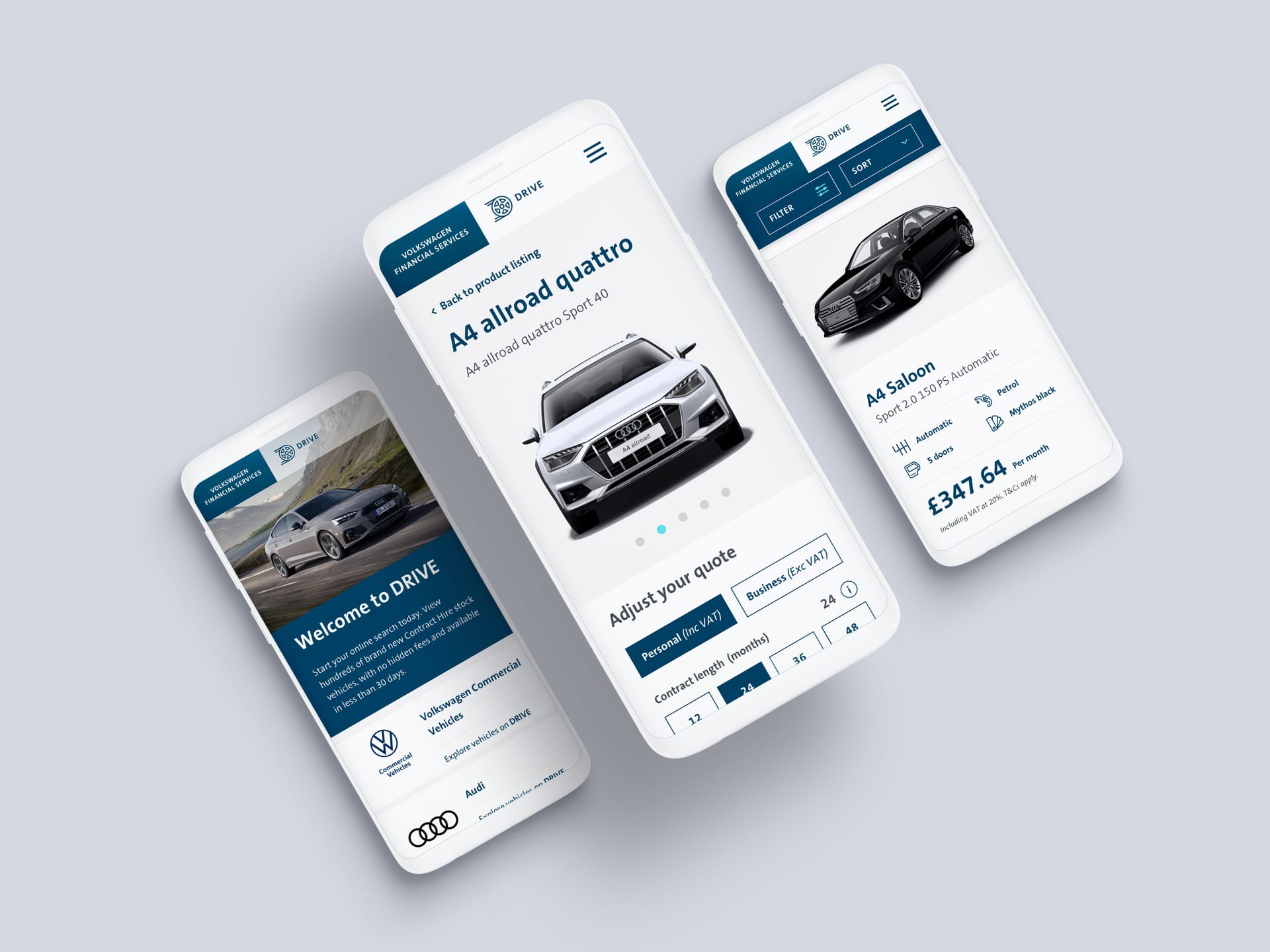 Three smartphone screens showing Volkswagen Drive app with Audi A4 vehicle listings and pricing options on a grey background.