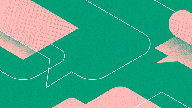 Abstract graphic design with white speech bubble outlines on a green background with pink geometric shapes.