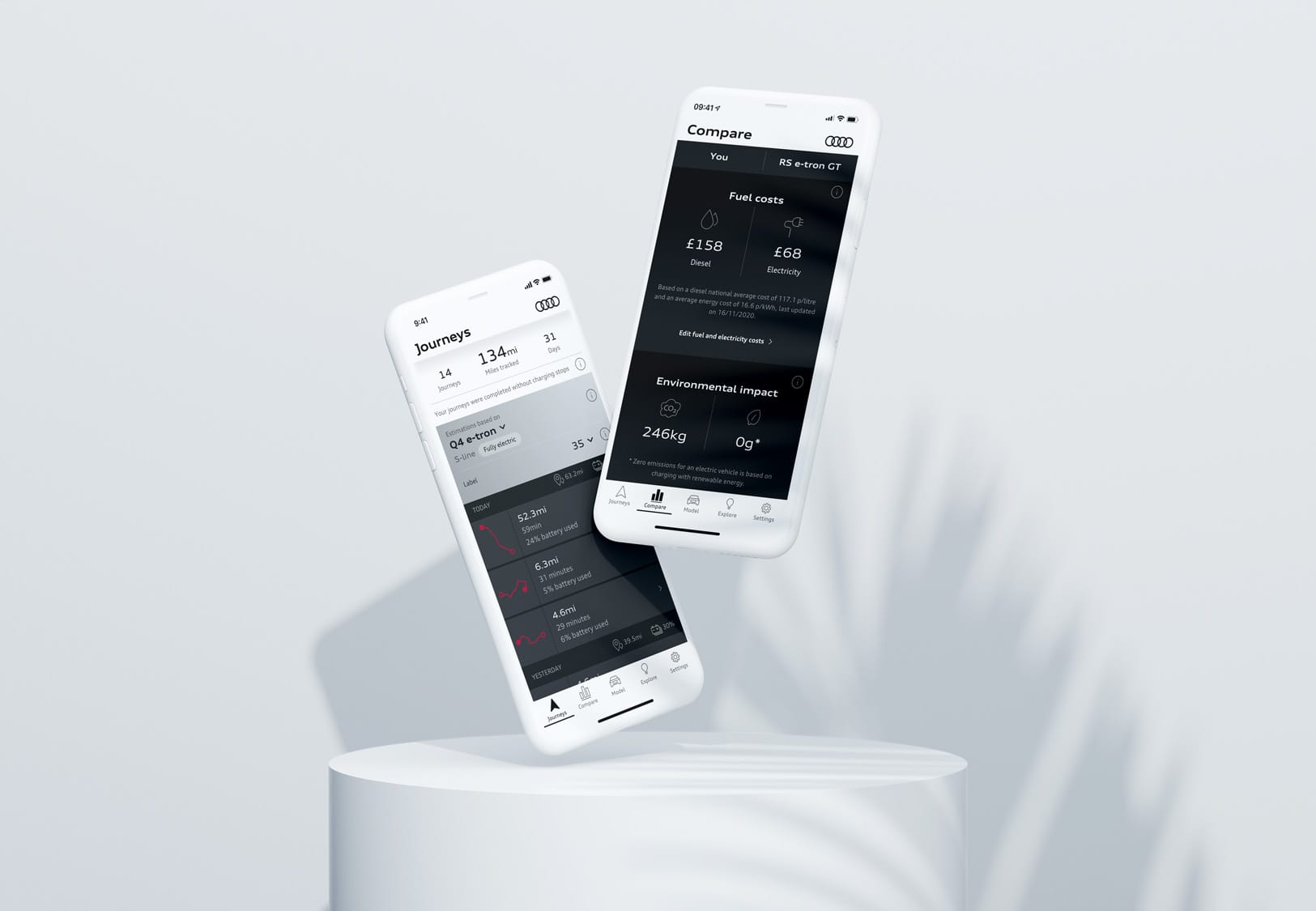 Two smartphones displaying Audi app screens comparing fuel costs and journey data for electric and diesel vehicles.