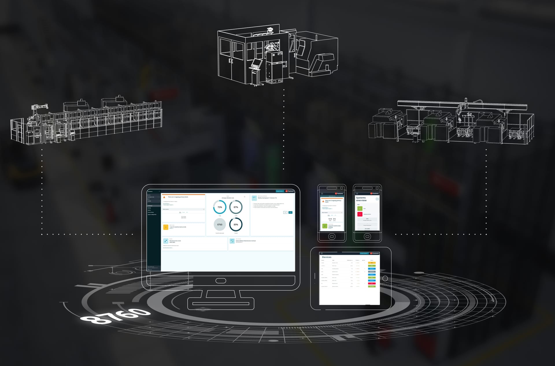 Digital dashboard with computer, tablet and phones connected to wireframe industrial machinery systems on dark background.
