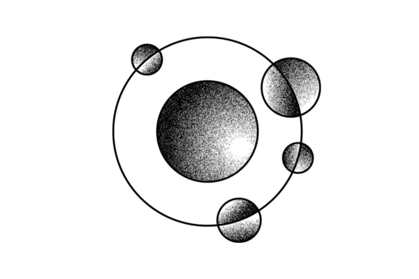Black and white illustration of an atom-like structure with a large central sphere surrounded by four smaller spheres in orbit.