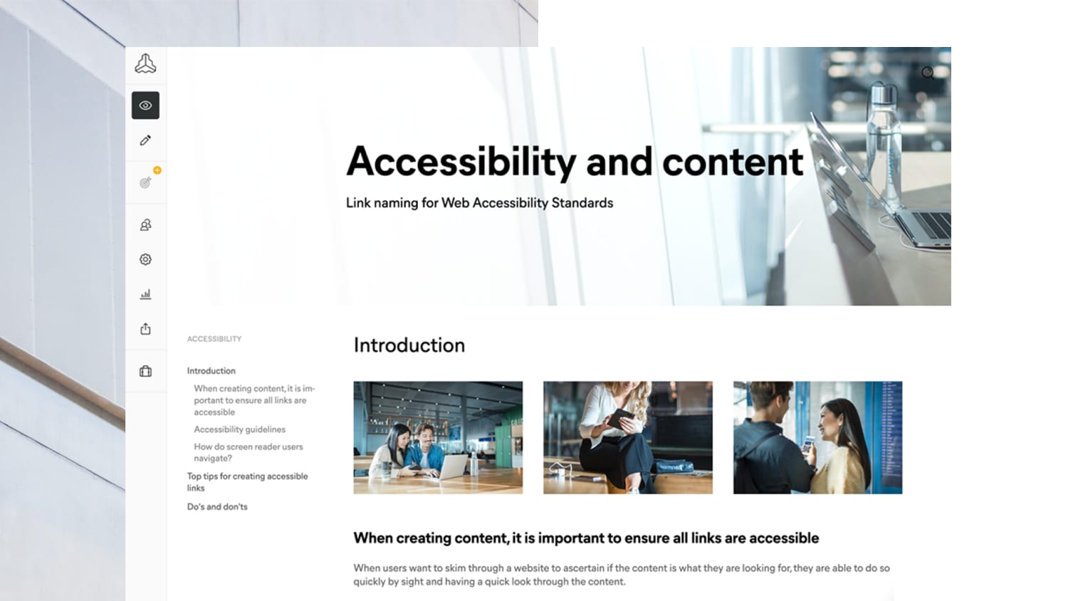 Web accessibility guide showing interface with navigation menu, header, and images demonstrating link naming standards.