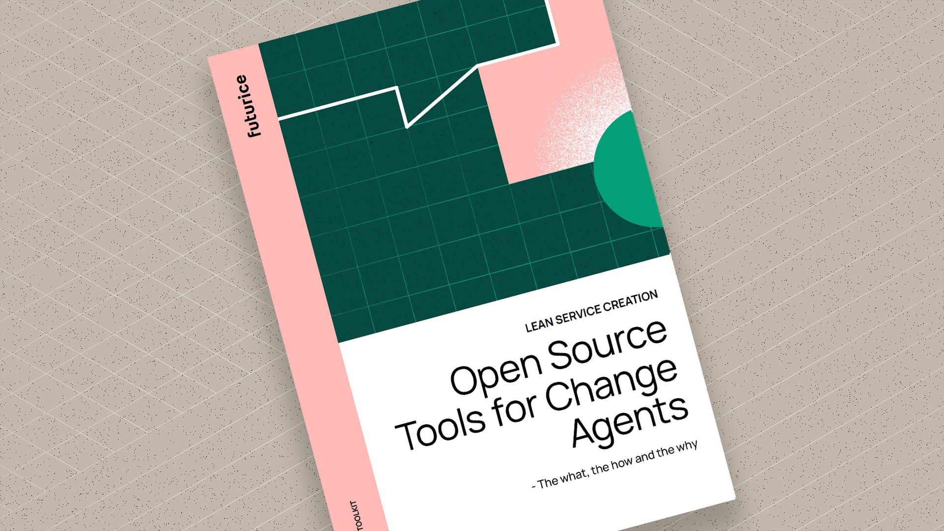 Book cover design with green graph on pink background titled "Open Source Tools for Change Agents" by futurice.