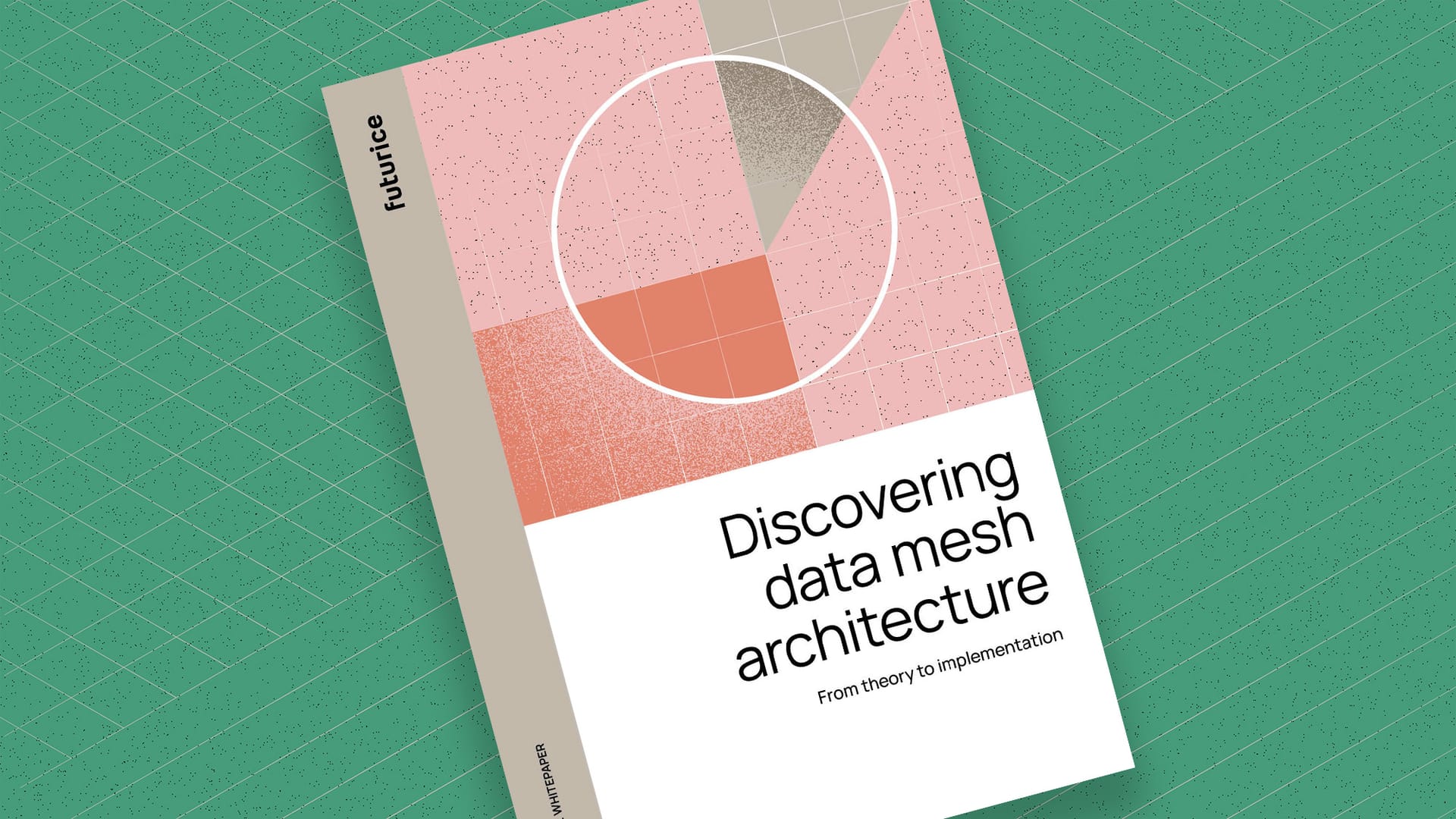 Book cover titled "Discovering data mesh architecture" with geometric pink and coral design on green background.
