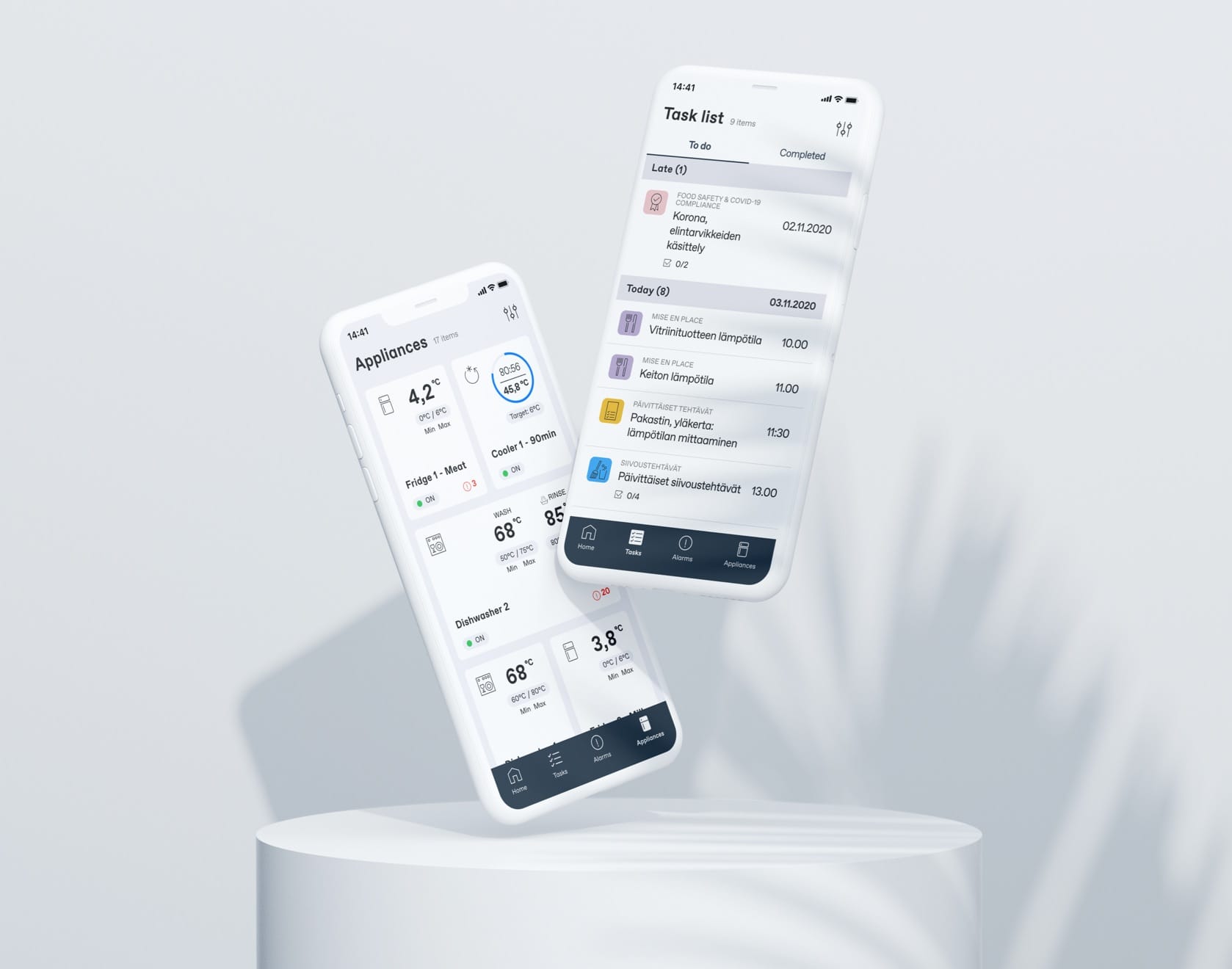 Two smartphones displaying smart home app interfaces - one showing appliance temperatures and another with a task list.