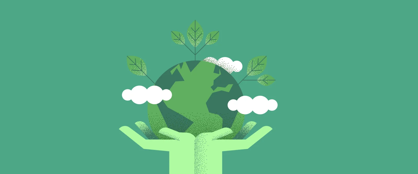 Stylized illustration of green hands holding Earth with trees growing from it and white clouds, on teal background.