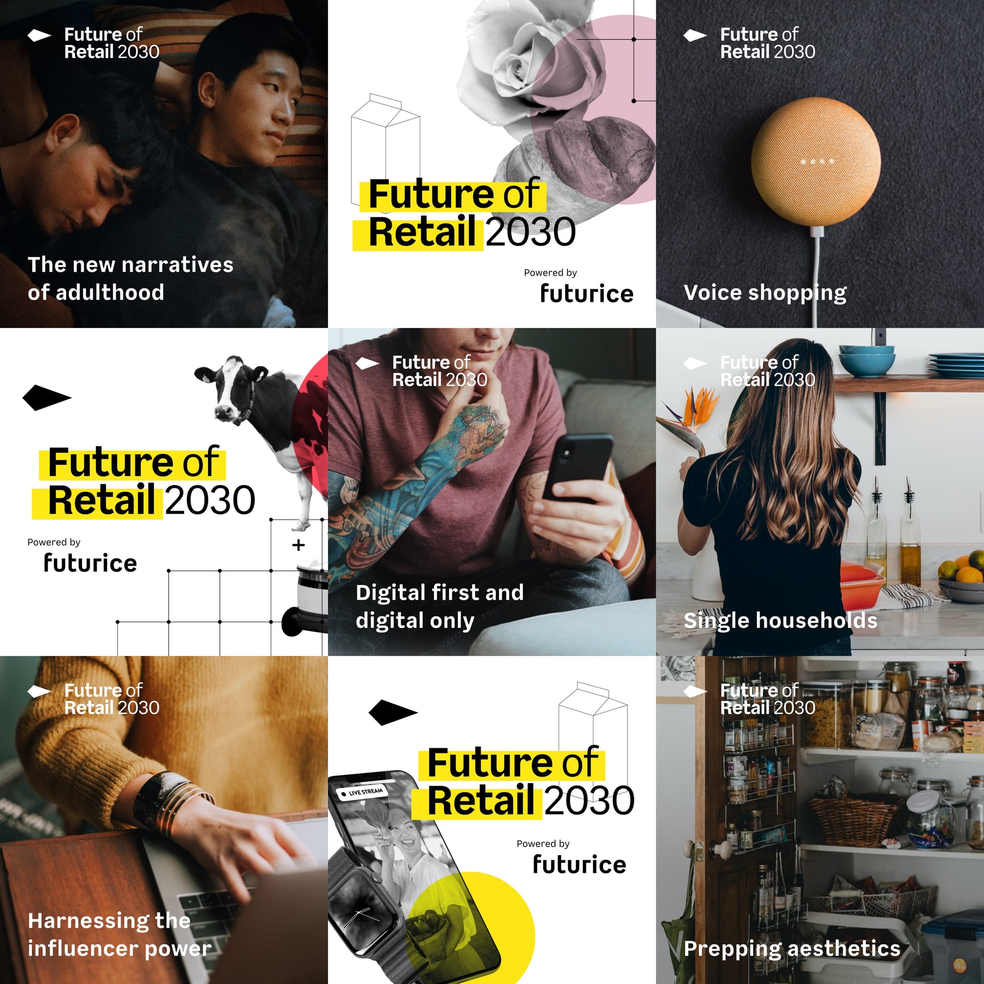 Collage of "Future of Retail 2030" images showing trends like voice shopping, digital-first retail, single households, and influencer marketing.