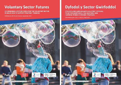 Bilingual report covers showing a child in blue jacket creating large soap bubbles, titled "Voluntary Sector Futures"