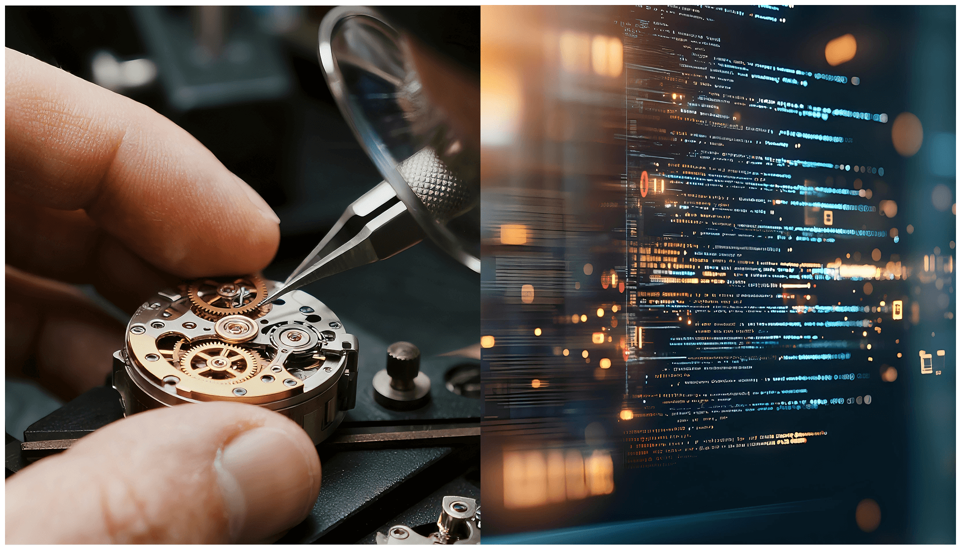 Split image showing watchmaker repairing intricate mechanical watch movement alongside digital programming code display.