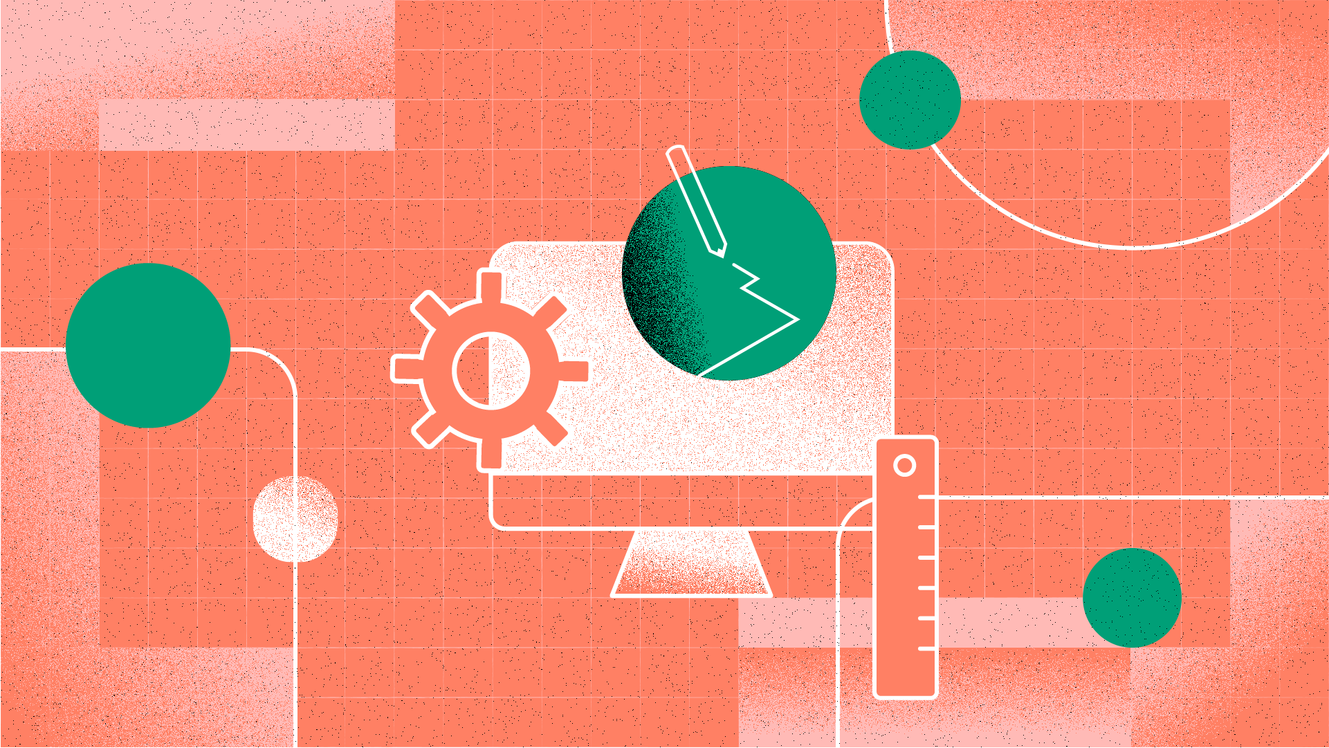 Abstract graphic design with coral background featuring green circles, white computer icon, gear symbol, and design tools.