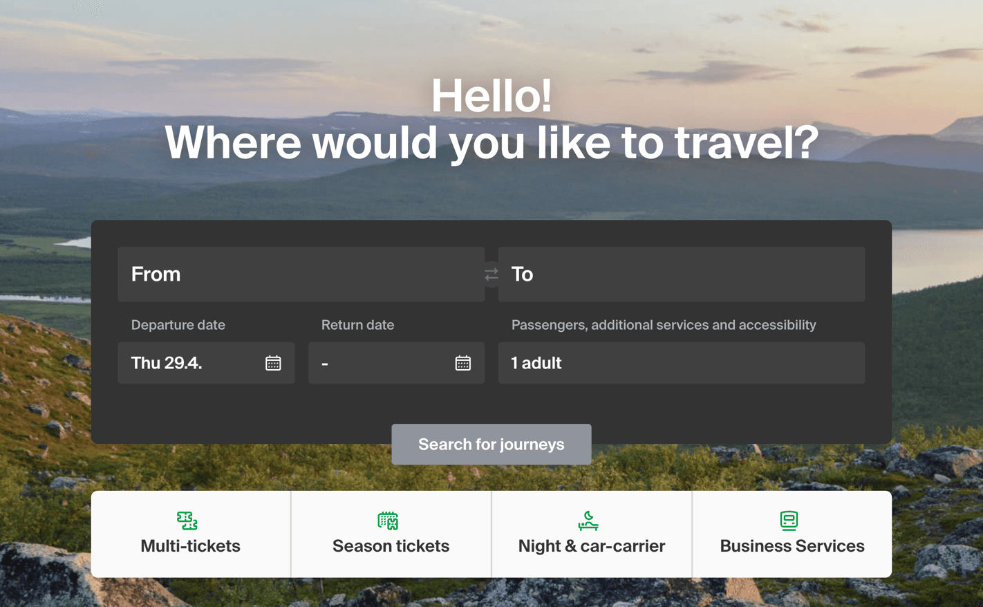 Travel booking interface with mountain landscape background, showing journey search form and ticket options.