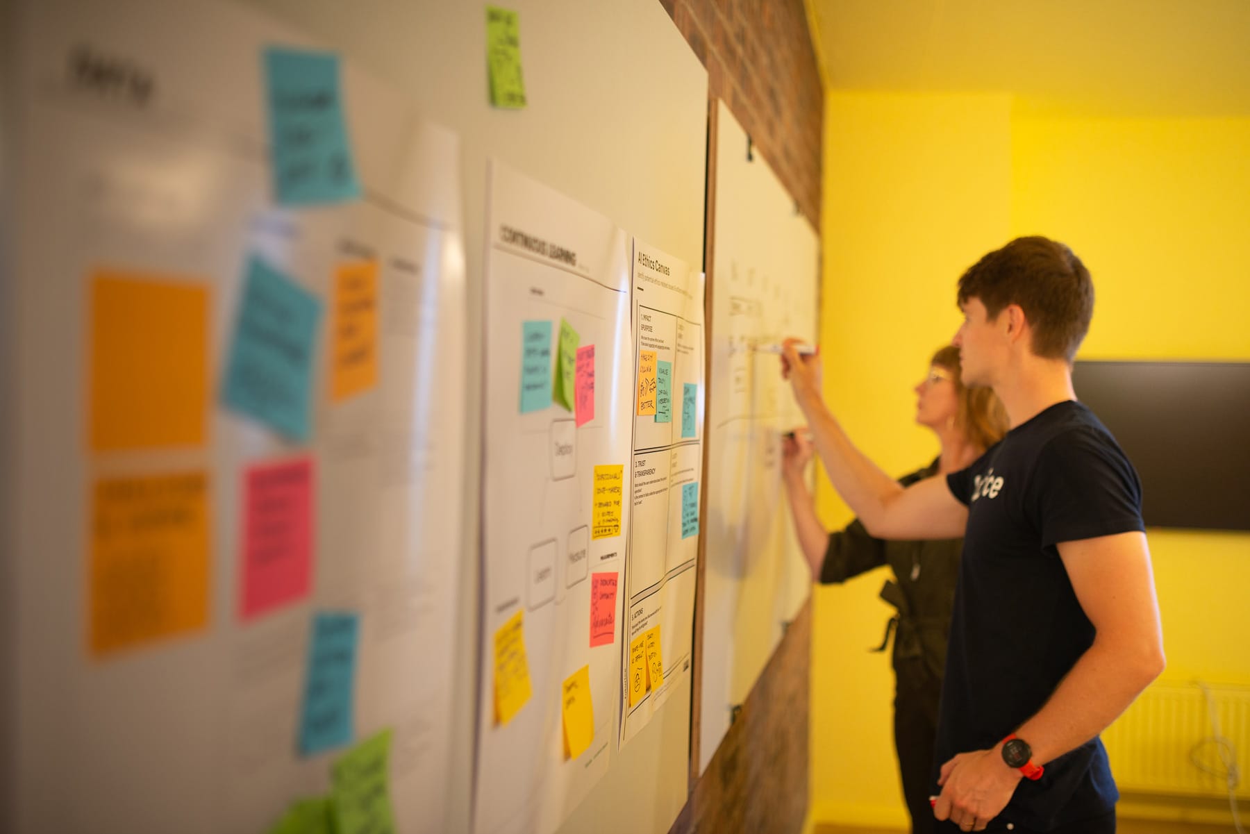 Two people working on a project board with colourful sticky notes in a bright yellow room during a planning session.