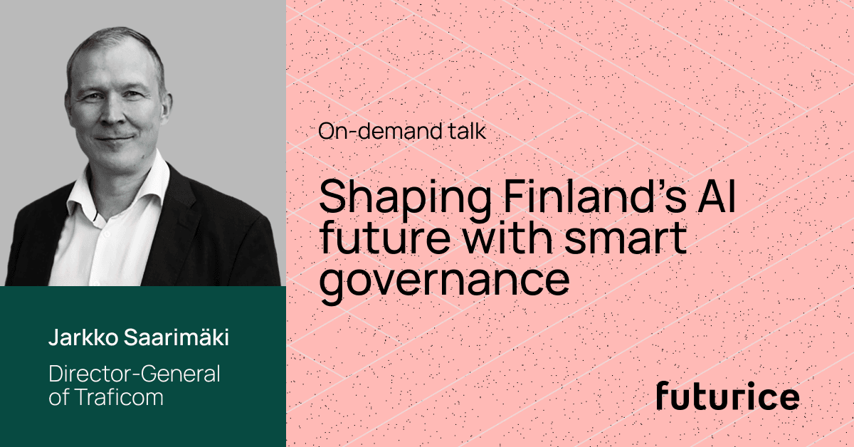 Professional headshot beside pink promotional banner for on-demand talk about Finland's AI governance by Traficom Director-General.