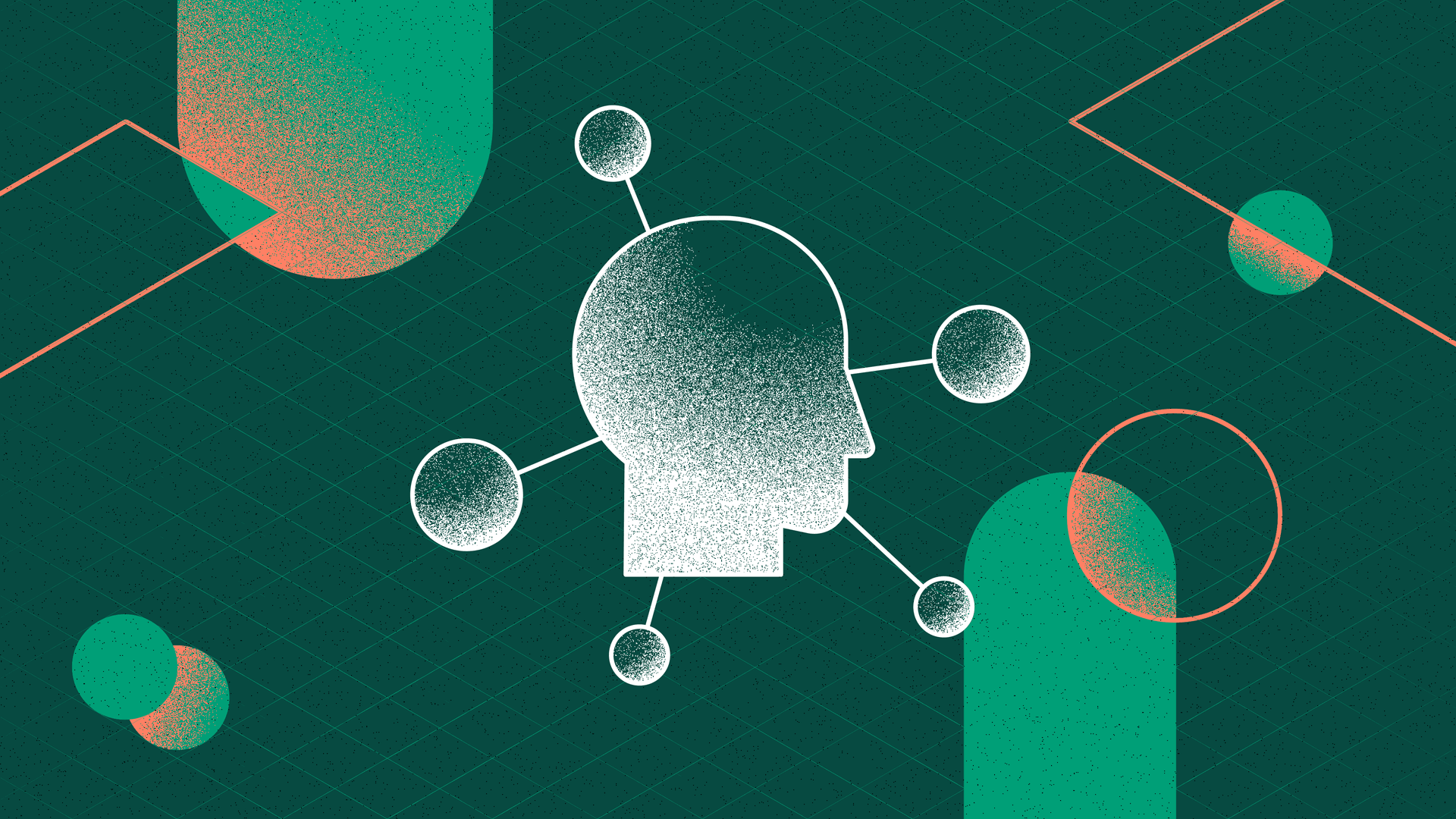 Abstract illustration of a profile silhouette with connected nodes on a dark green background with geometric shapes.