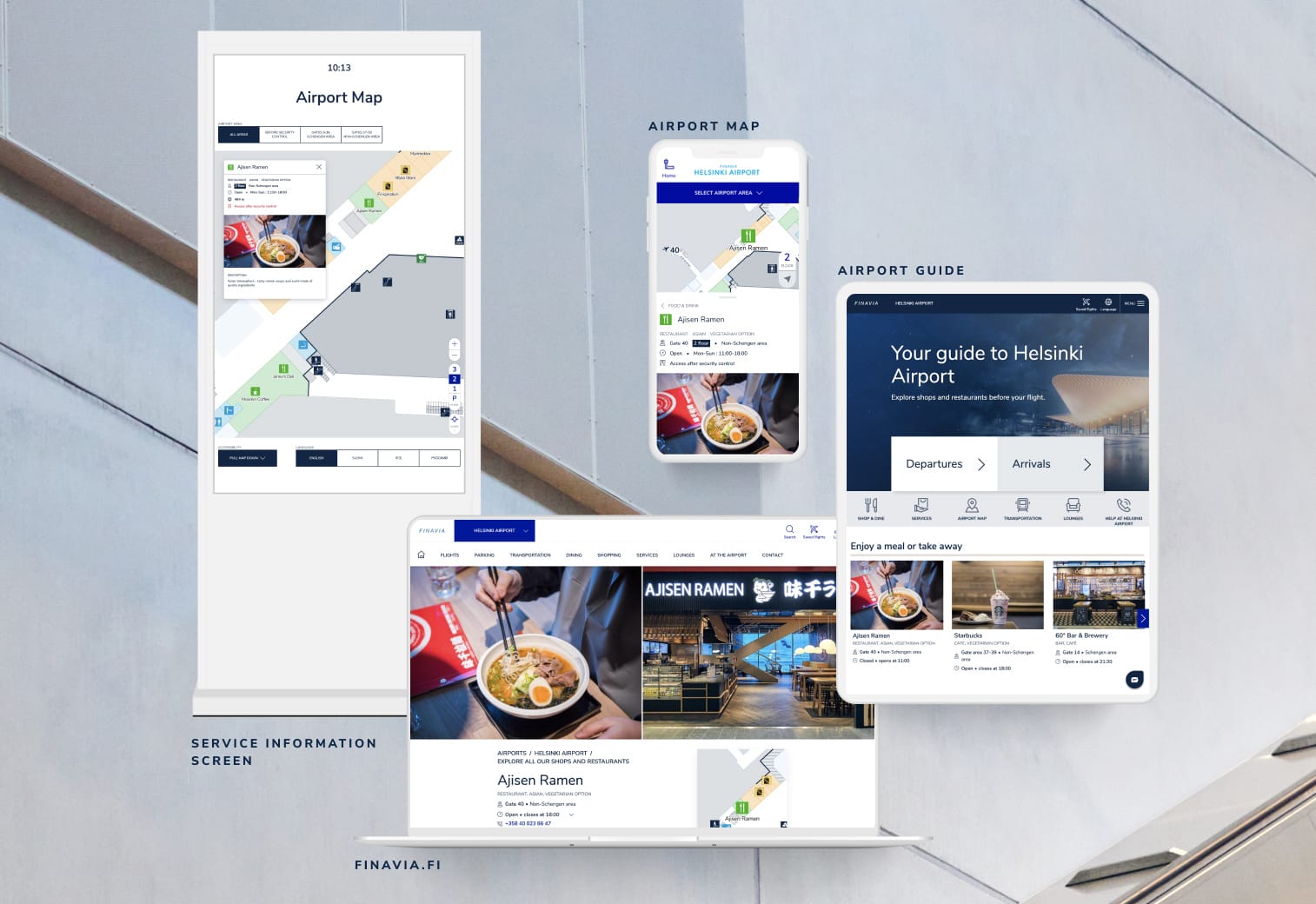 Helsinki Airport digital interfaces showing interactive map, restaurant listings featuring Ajisen Ramen, and airport guide screens.