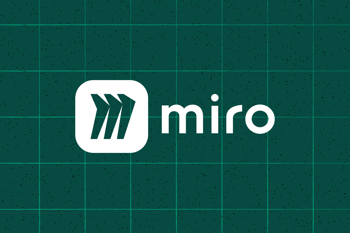 Miro logo in white on a dark teal grid background, featuring a rounded square icon with chevron arrows beside the word "miro".