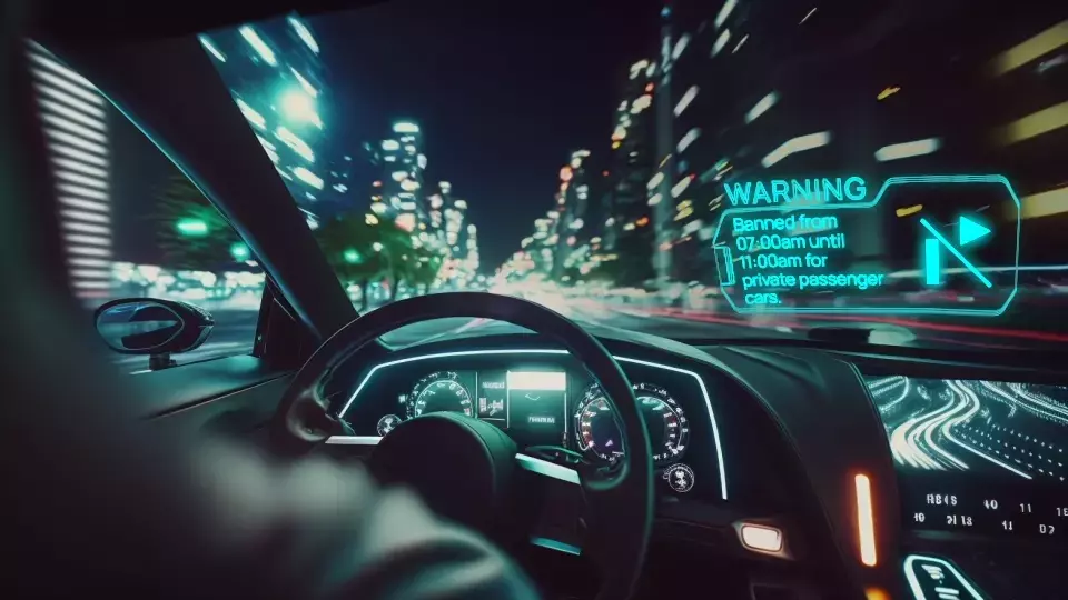 View from car interior at night showing digital dashboard and augmented reality warning about road restrictions in city.