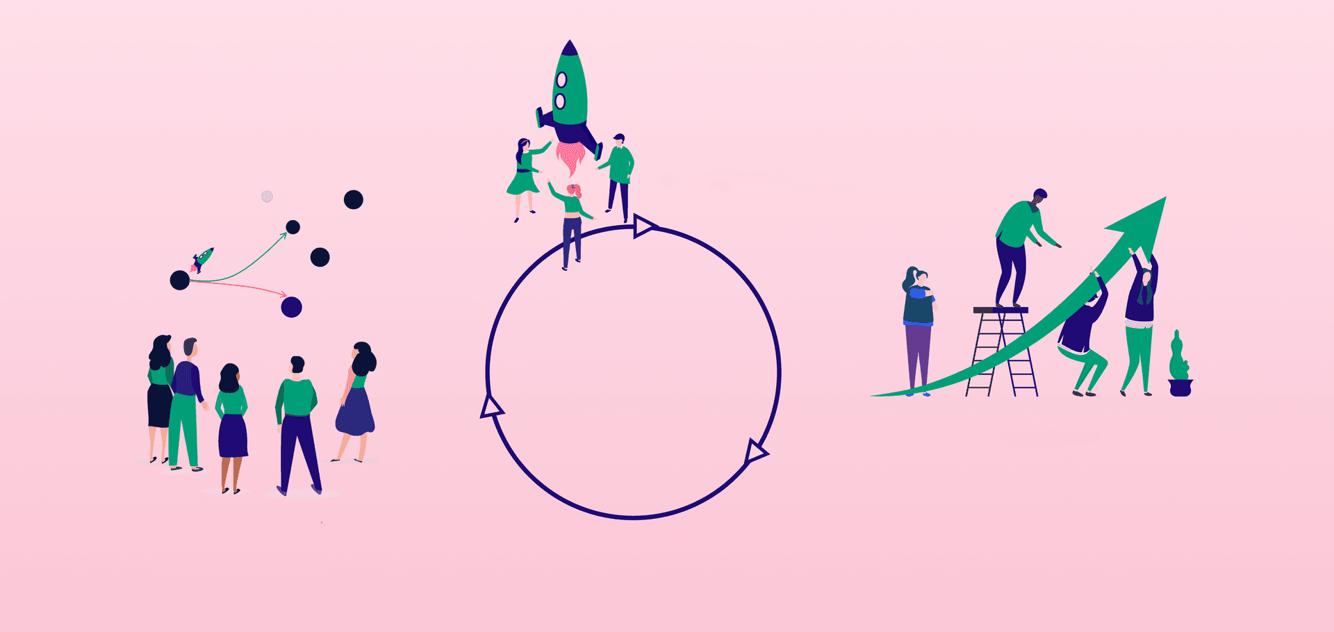 Stylised illustration showing business growth cycle with people launching a rocket, raising an upward arrow, and planning strategy.