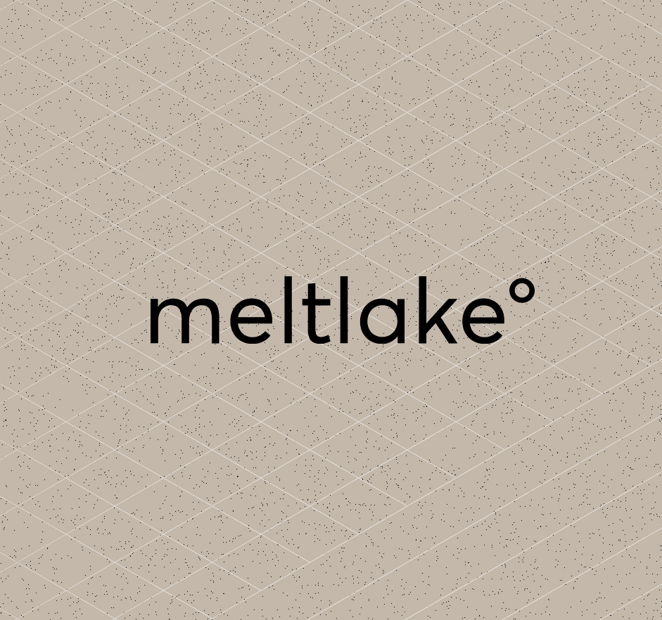 Meltlake logo displayed on a beige textured background with subtle diamond grid pattern and speckled details.