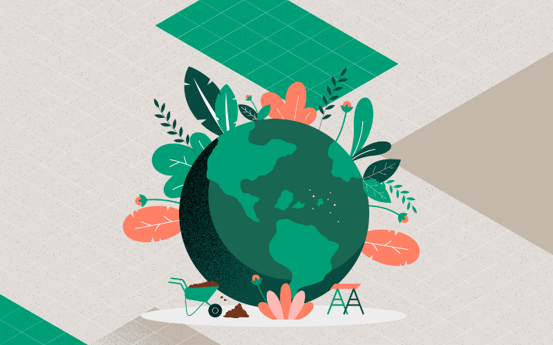 Stylised green Earth surrounded by coral and green plants, with a wheelbarrow and compost below, on a textured background.