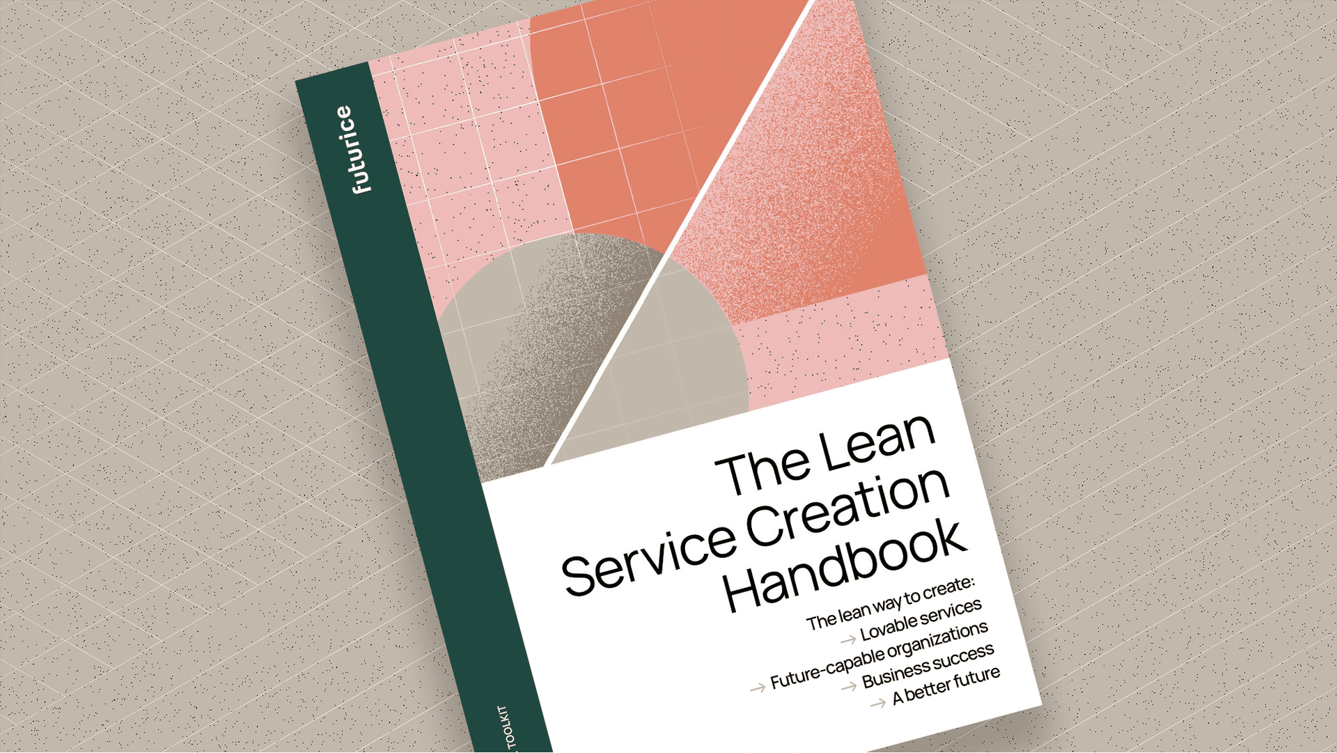 Book cover of "The Lean Service Creation Handbook" with geometric coral and pink shapes on a beige background.
