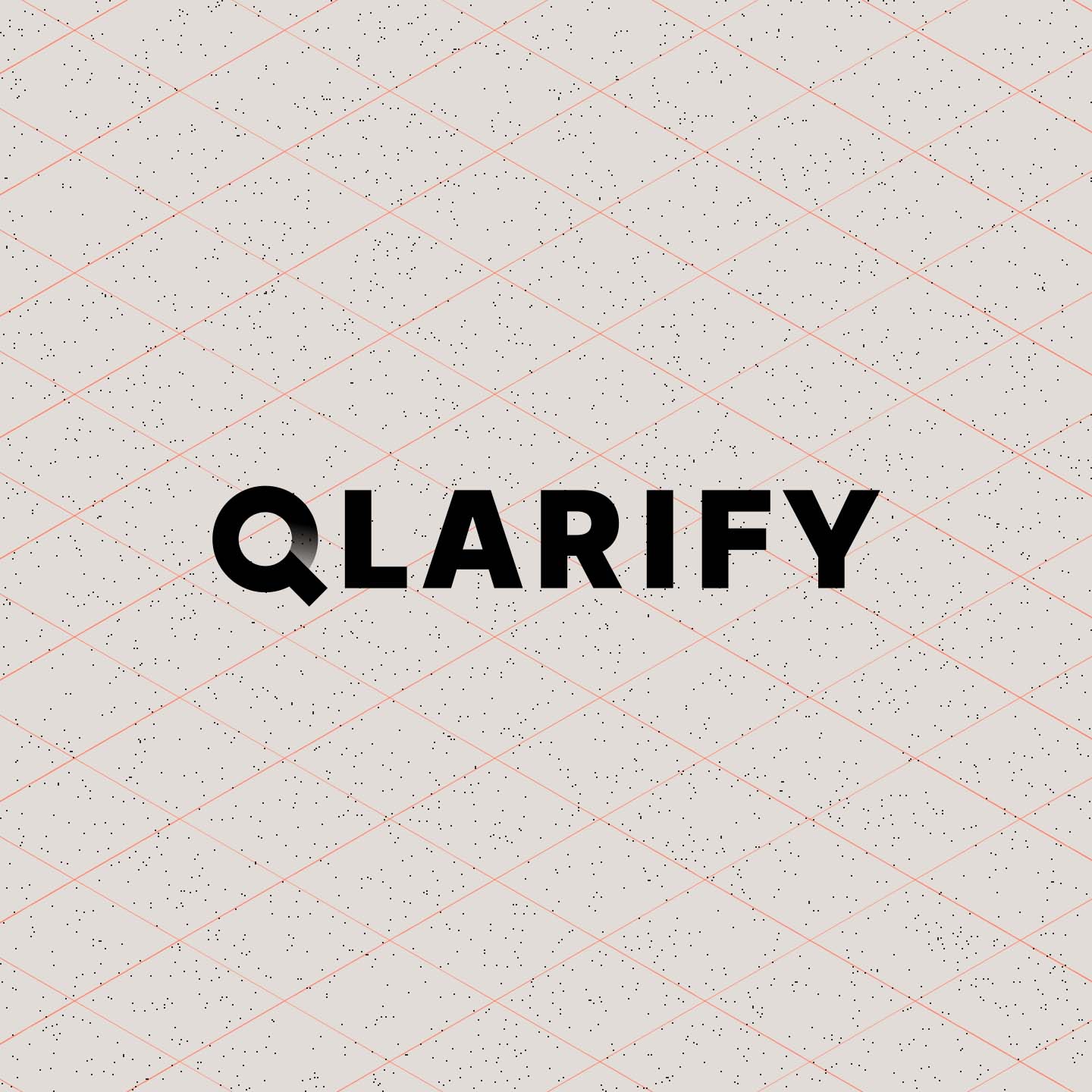 The word "QLARIFY" in bold black text on a light beige background with pink grid lines and small black speckles.