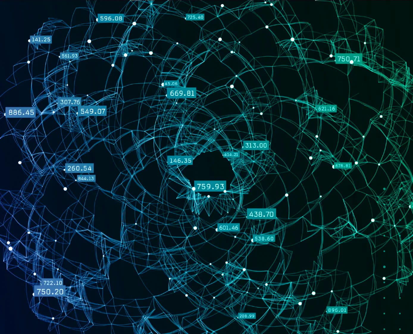 Digital network visualization with blue-green glowing lines connecting nodes, displaying numerical data values across the grid.